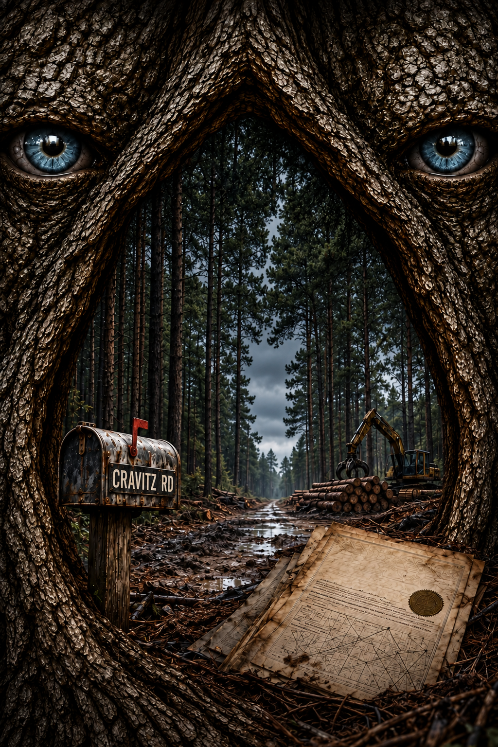 Blue eyes set in a vast bark arch above a muddy pine road, a Cravitz Road mailbox, log loader, stacked logs, and a fallen deed